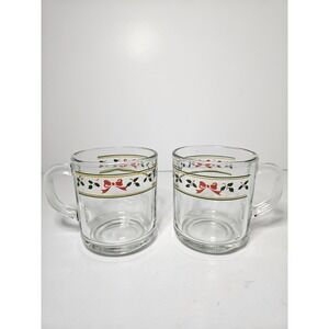 Vintage Libbey Christmas Glass Mugs Holly Berries Red Ribbon Gold Rim Set of 2